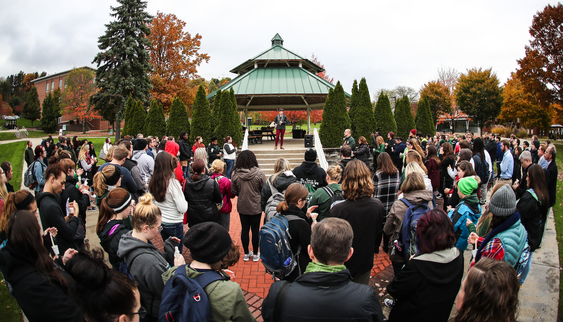 The university community gathers in the quad