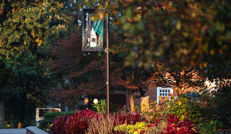 Slippery Rock banner among the fall colors