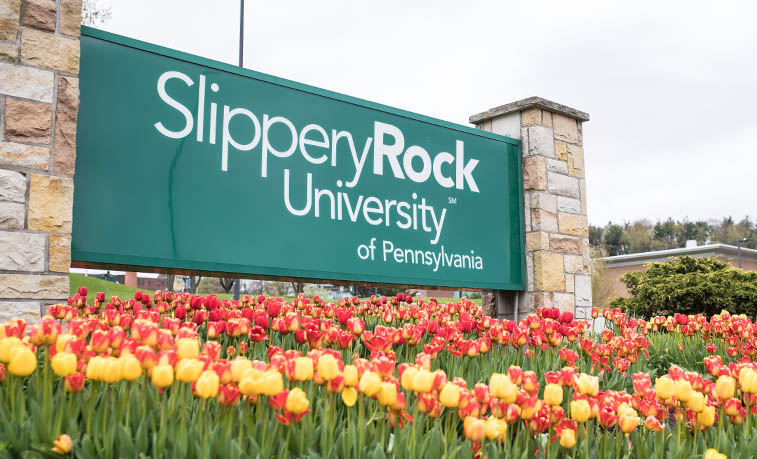 Campus sign with flowers