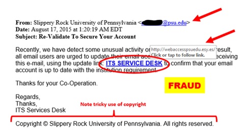 Example email appearing to be from a university domain and with a university copyright. However the link within the body of the email is a fraudulent site".